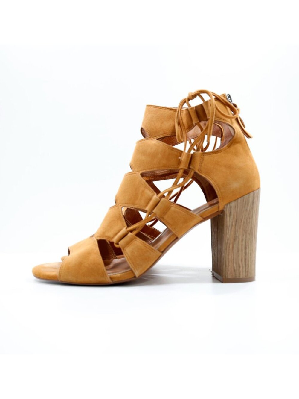 Linea Paolo Tan Suede Leather 4" Block Heel Cutout Sandals - 11